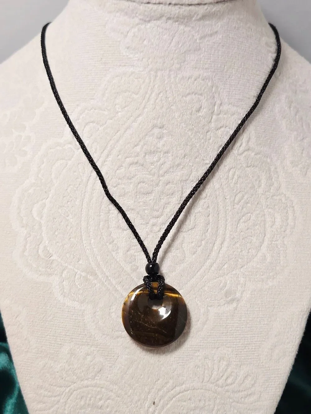 Golden Tiger Eye Donut Pendant Necklace Earthy Boho Pi Stone Jewelry Crystals